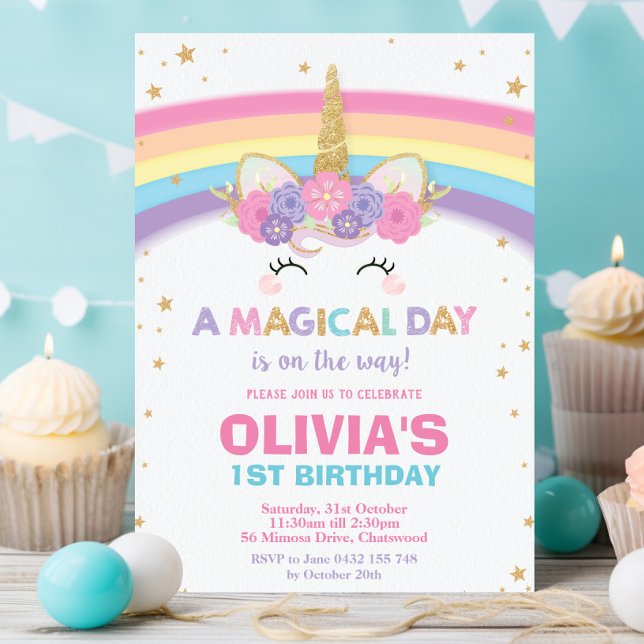 Festa de primeiro aniversario de Convite de Aniver (cute colorful rainbow unicorn magical day 1st 2nd 3rd birthday invitation cards printed and digital)