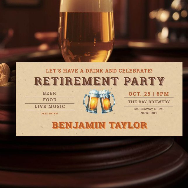 Festa de Reforma da Cervejaria de Cervejaria (simple retire retirement party celebration invitation beer themed brewery)