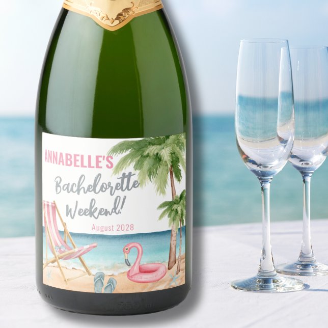 Festa de solteira Colorida de Praia (Watercolor Beach Bachelorette Party Sparkling Wine Label )