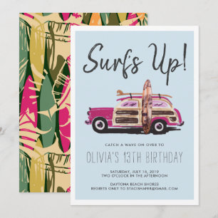 Festa de Surf de Verão   Convite de Carro Rosa Vin