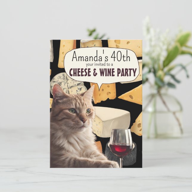 Festa engraçada de queijo de gato e vinho convite  (Em pé/Frente)