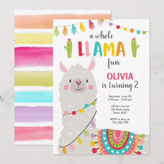 Festa inteira de Alpace do convite do aniversário (Frente/Verso)