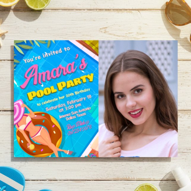 Festa na Piscina - Convite com Foto para Menina (Pool Party Landscape Invitation with Photo)