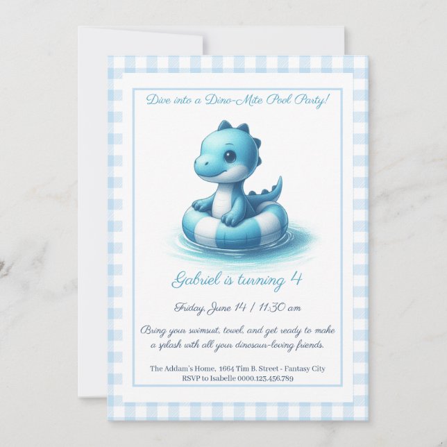 Festa Piscina de Dino Azul - Convite de Aniversári (Frente)