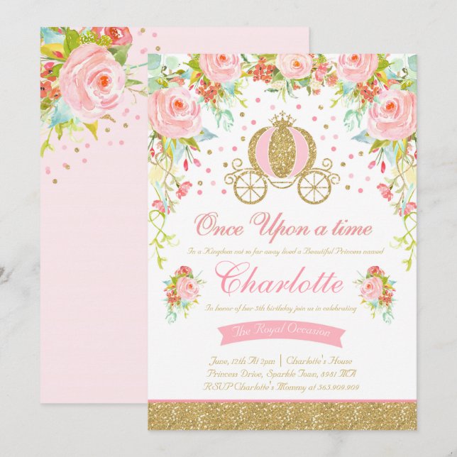 Festa Princesa Dourada de Convite à Aniversário (Frente/Verso)