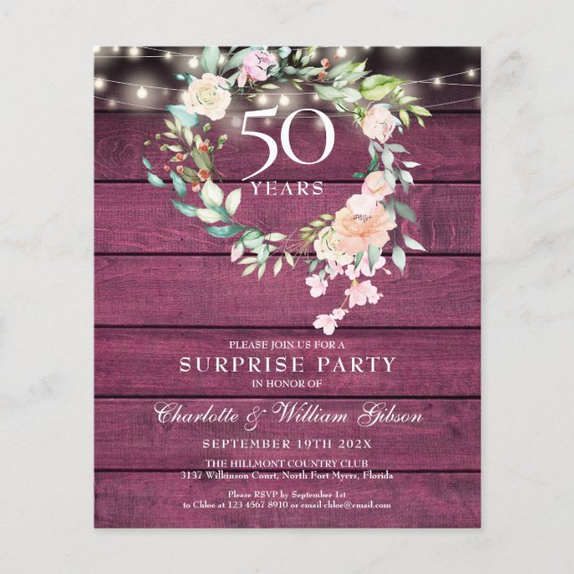 Festa Surpresa de Orçamento 50º Aniversário Rústic (Frente)