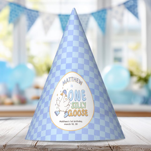 Festa Um Ganso Bobo Azul - Chapéu de Aniversário de Um A (Blue One Silly Goose-Retro Boy First Birthday Party Hat. Spring Silly Goose Themed 1st Birthday Hat)