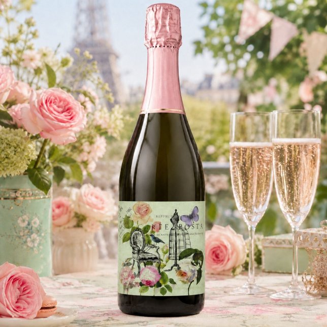 Festa Vintage Rosa Rosa Mint França Paris (Vintage Mint French Pink Rose Paris Party Sparkling Wine Label)