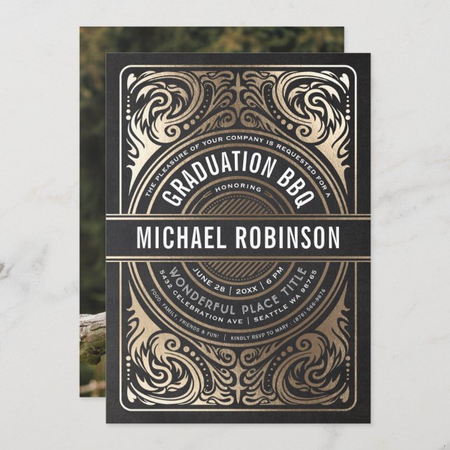 Festas de formatura Convites Foto Preta Ouro Folha (Frente/Verso)