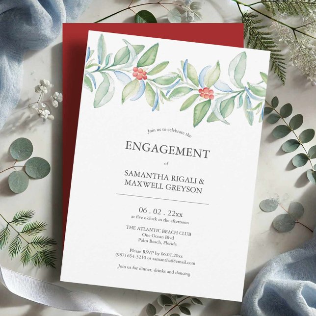 Festas de noivado Convites à Greenerescência de Na (Engagement party invitations watercolor Christmas botanicals by Victoria Grigaliunas Do Tell A Belle)