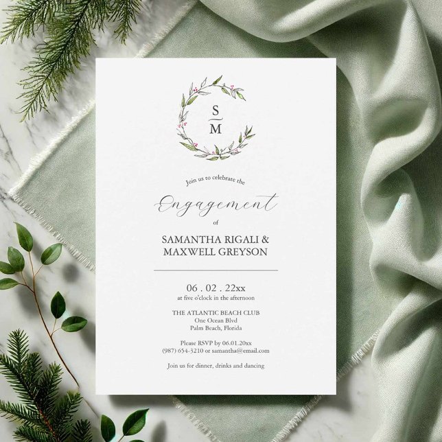 Festas de noivado Convites Botânicos de inverno (Hand drawn engagement party invitations botanical art by Victoria Grigaliunas of Do Tell A Belle)