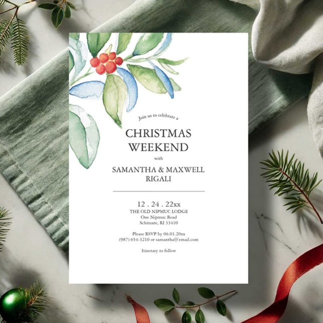 Festas de noivado Convites Festivos (Christmas weekend invitations features botanical red and green watercolor art Victoria Grigaliunas)