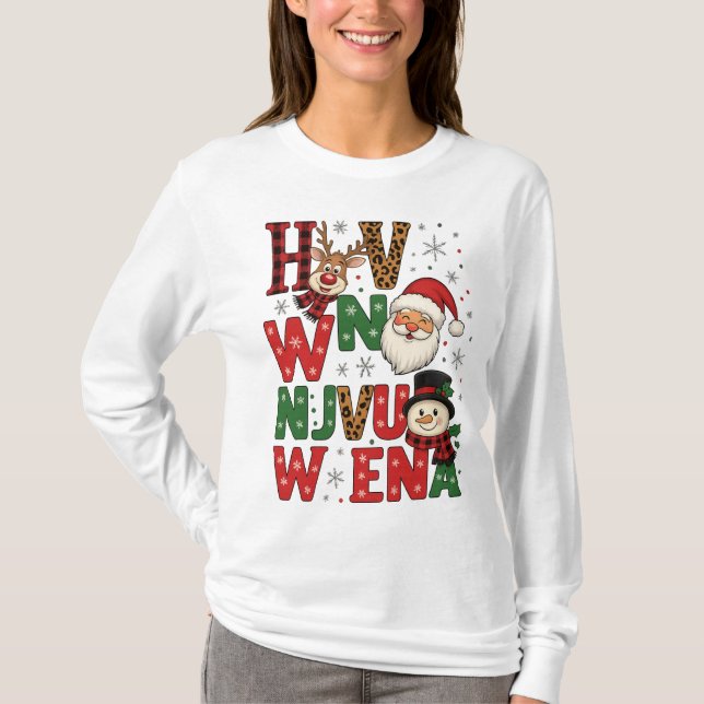 Festive Christmas Characters Letter Art T-Shirt (Frente)
