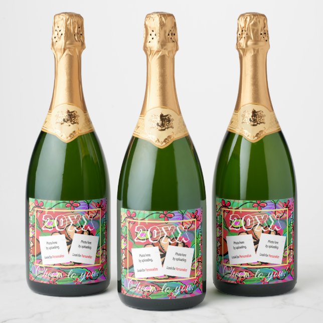 Festive Custom Photo Sparkling Wine Beverage Label (Garrafas)