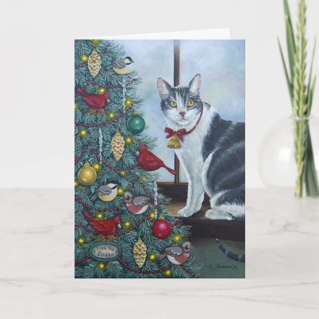 Festividades 0417 Cartão de Saudação de Árvore de Natal e Gato (Frente)
