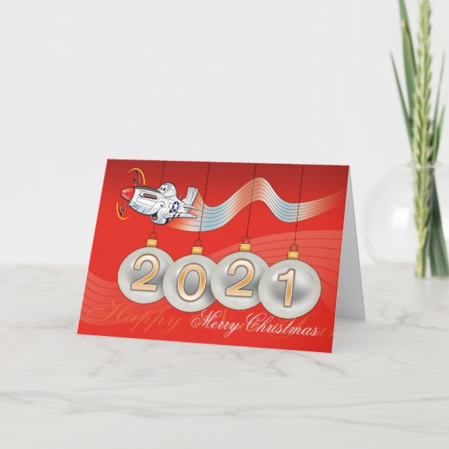 Festividades 2021, P-51 mustang, cartão de Natal, texto editáve (Frente)