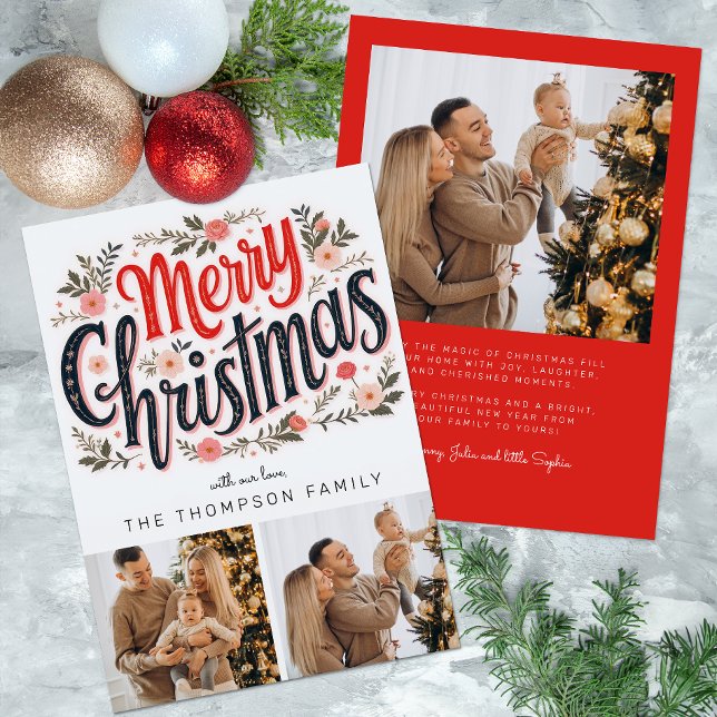 Festividades 3 fotos Feliz Natal - Cartão de Natal Botânico (3 Photo Floral Christmas Card)