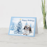 Árvore do azul do cartão de Natal de Shih Tzu