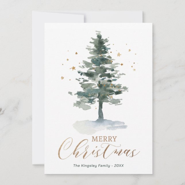 Festividades Árvore Dourada de Aquarela com Cartão de Natal Mod (Frente)