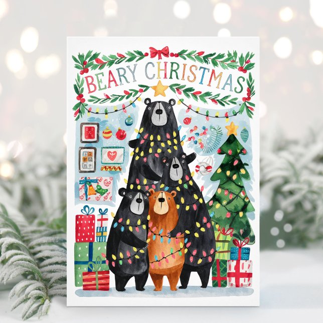 Festividades Beary Christmas Cute Bears Feliz Cartão de Natal (Flat Beary Christmas Holiday Card - Personalize with your greeting and names.)