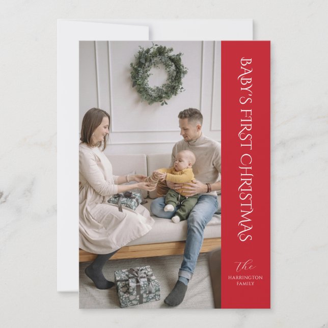 Festividades Bebê Primeiro Cartão com fotos de Natal Vermelho (Frente)