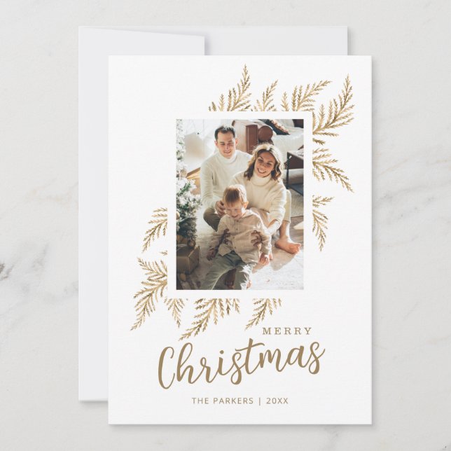 Festividades Beige Dourado Sair da Família Foto Feliz Cartão de (Frente)