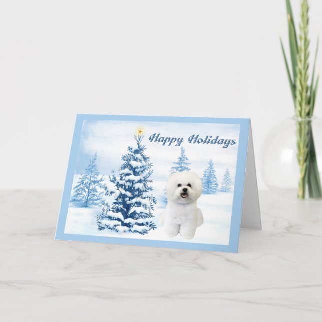 Festividades Bichon Frise Cartão de Natal Árvore Azul (Frente)