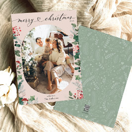 Festividades Boho Pink Green Oval Foto Feliz Cartão de Natal