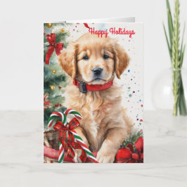 Festividades Cãozinho de Natal num cartão de feriado "Ouro"
