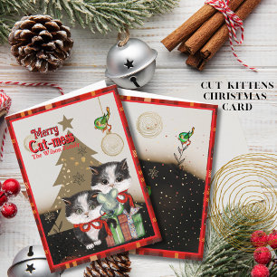 Festividades Cartão Alegre Bagunça de Gatos Natal Xadrez Verm