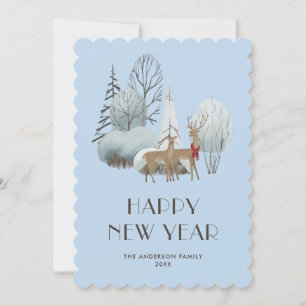 Festividades Cartão Azul de Feliz ano novo de Neve Woodland Rei