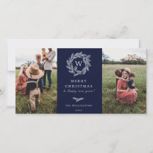 Cartão com fotos azul de inverno monograma Feriado