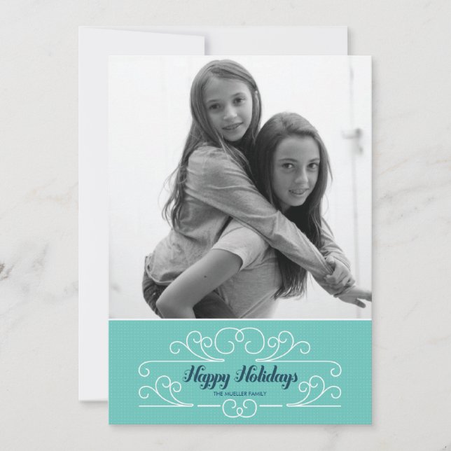 Festividades Cartão com fotos azul retro do feriado de Florish (Frente)