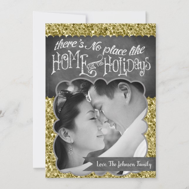 Festividades cartão com fotos brilhante de floco de neve Dourad (Frente)