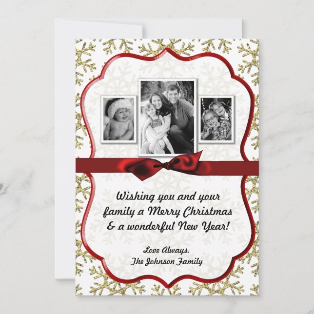 Festividades cartão com fotos brilhante de floco de neve Dourad (Frente)