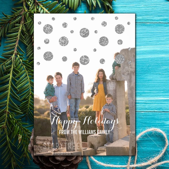 Festividades Cartão com fotos de Feriado de Confetti Silver Gli (Silver Glitter Confetti Holiday Photo Card)