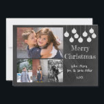 Festividades Cartão com fotos de Férias Chalkboard<br><div class="desc">Design com ornamentos brancos e Feliz Natal. Adicione quatro fotos da família e seu nome e data. Fotografia da família © Storytree Studios,  Stanford,  CA</div>