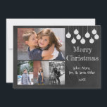 Festividades Cartão com fotos de Férias Chalkboard<br><div class="desc">Design com ornamentos brancos e Feliz Natal. Adicione quatro fotos da família e seu nome e data. Fotografia da família © Storytree Studios,  Stanford,  CA</div>