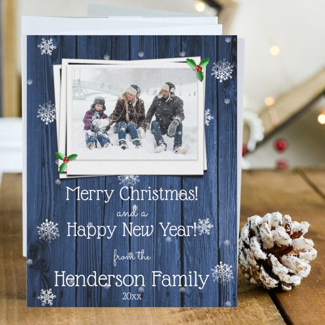 Festividades Cartão com fotos de Férias Flat de Madeira Russo A (Blue Rustic Wooden Christmas Photo Card)