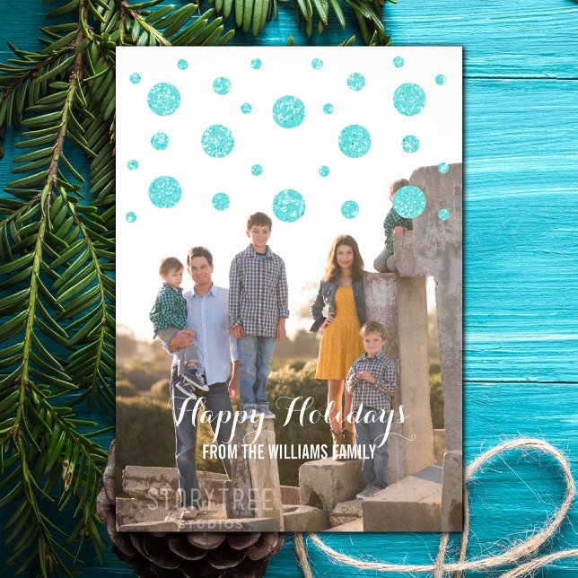 Festividades Cartão com fotos de Férias Turquoise Glitter Confe (Turquoise Glitter Confetti Holiday Photo Card)