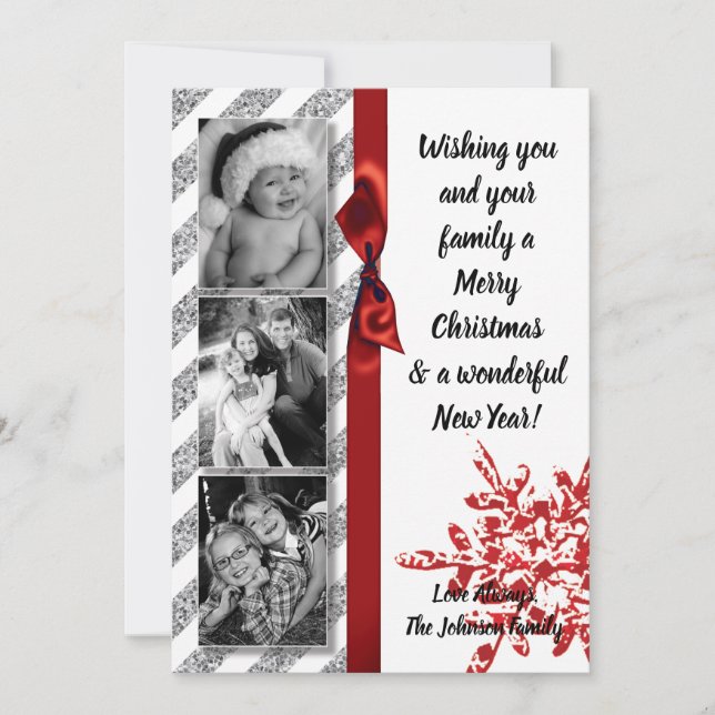 Festividades cartão com fotos de floco de neve vermelho-brilhan (Frente)