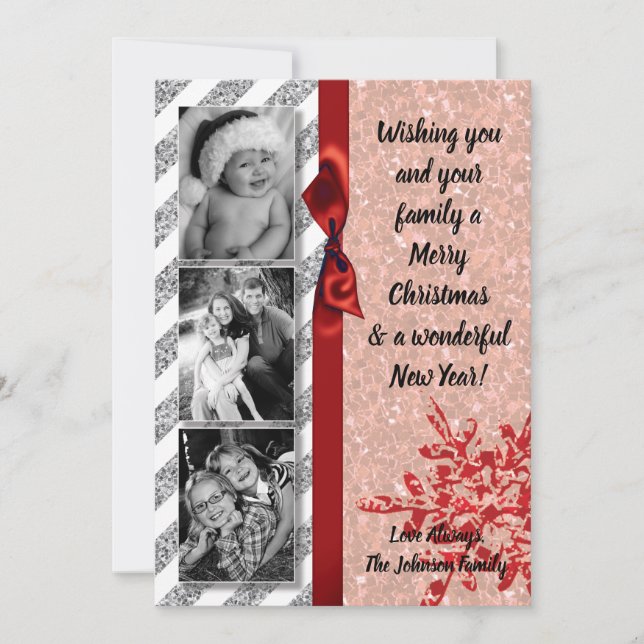 Festividades cartão com fotos de floco de neve vermelho-brilhan (Frente)