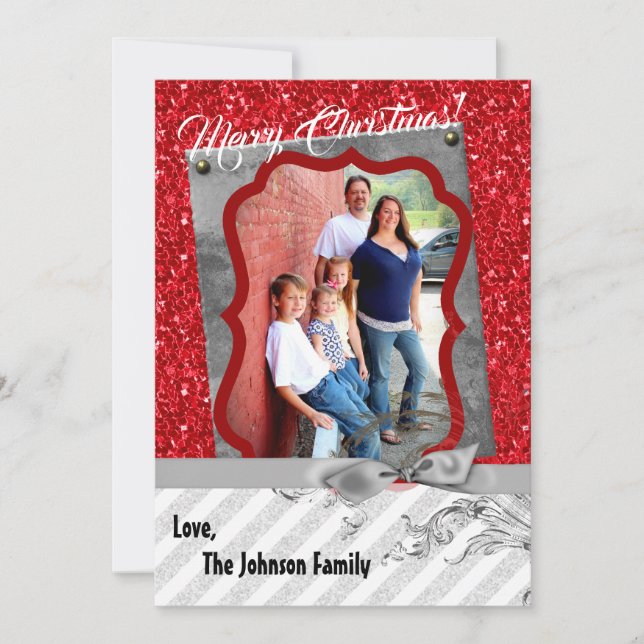 Festividades cartão com fotos de floco de neve vermelho-brilhan (Frente)