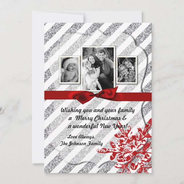 Festividades cartão com fotos de floco de neve vermelho-brilhan (Frente)