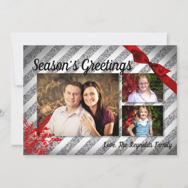 Festividades cartão com fotos de floco de neve vermelho-brilhan (Frente)