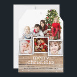 Festividades Cartão com fotos de madeira rústico do Feliz Natal<br><div class="desc">O fundo de madeira rústico, resistido e a tipografia simplesmente à moda ajustam o palco para uns cartões de natal elegantes do país para a família e os amigos. Com sala para uma multi colagem da foto de sua família, este design molda três fotos menores e uma grande foto com...</div>