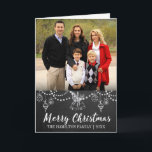 Festividades Cartão com fotos de Natal Dobrado em Chalkboard<br><div class="desc">Fundo do quadro com decorações de giz desenhado à mão e sinos de férias,  roteiro "Feliz Natal" em cartão com fotos dobrado em branco. Personalizar ou excluir texto.</div>