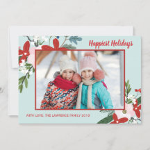Cartão com fotos de Natal Floral Red Aqua