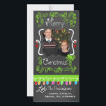 Festividades Cartão com fotos de Natal Merry Chalkboard<br><div class="desc">Feliz cartões com fotos de Natal com uma aparência de quadro comum, muitas espirais de verde limão e texto que lê Feliz Natal, uma série de luzes coloridas em várias cores, ornamentos de verde limão e vermelhos pendurados, e áreas que você pode personalizar esses belos e brilhantes cartões com fotos...</div>