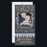 Festividades Cartão com fotos de Natal Merry Chalkboard<br><div class="desc">Feliz cartões com fotos de Natal com uma aparência de quadro comum, muitas espirais azuis e texto que lê Feliz Natal, uma série de luzes coloridas em várias cores, ornamentos azuis pendurados, e áreas que você pode personalizar esses belos e brilhantes cartões com fotos de Natal com sua foto e...</div>